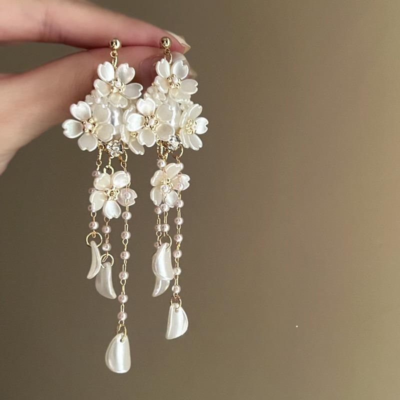 Handmade White Mother of Pearl Flower Drop Earrings