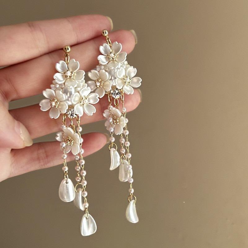 Handmade White Mother of Pearl Flower Drop Earrings